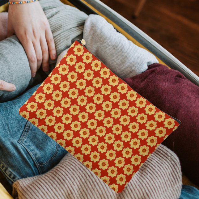 Yellow Dahlia Floral Pattern on Red Accessory Pouch (In Situ)