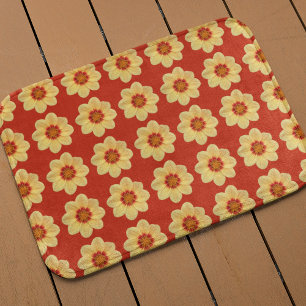 Yellow Dahlia Floral Pattern on Red Bath Mat