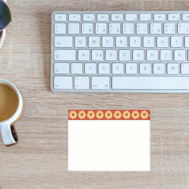 Yellow Dahlia Floral Pattern on Red Border Post-it Notes (In Situ)