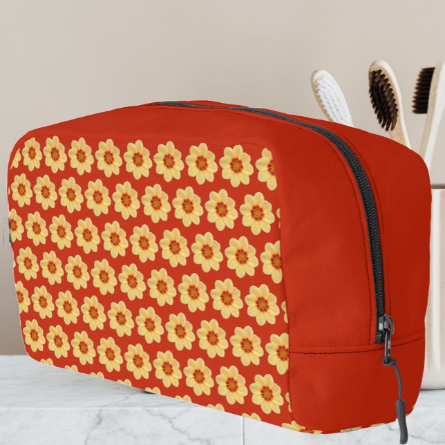 Yellow Dahlia Floral Pattern on Red Dopp Kit (In Situ)
