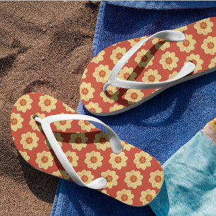 Yellow Dahlia Floral Pattern on Red Flip Flops