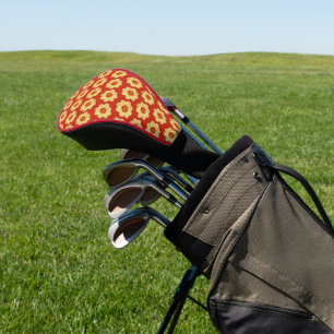 Yellow Dahlia Floral Pattern on Red Golf Head Cover