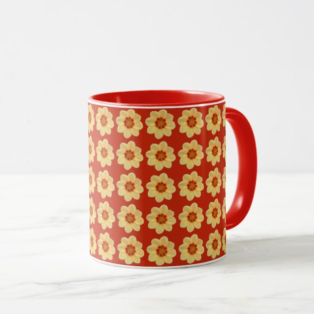 Yellow Dahlia Floral Pattern on Red Mug (Front Right)