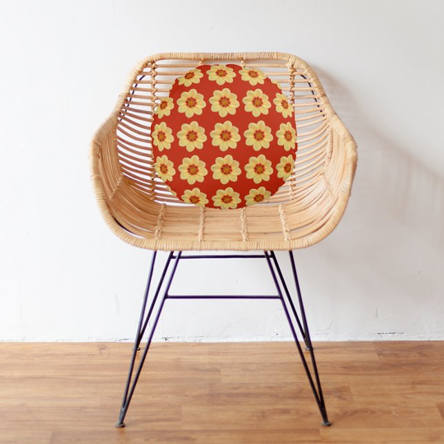 Yellow Dahlia Floral Pattern on Red Round Pillow (In Situ)