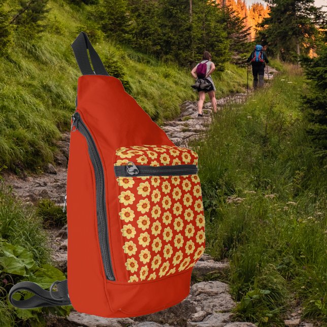 Yellow Dahlia Floral Pattern on Red Sling Bag (In Situ)