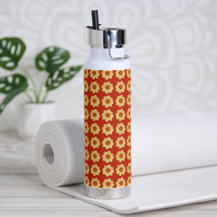 Yellow Dahlia Floral Pattern on Red Water Bottle