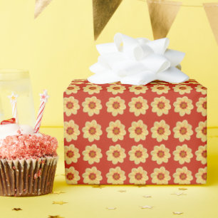 Yellow Dahlia Floral Pattern on Red Wrapping Paper