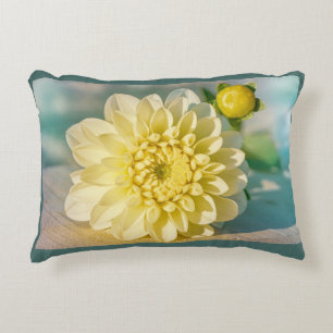 Yellow Dahlia Flower on Dark Teal Background Accent Pillow