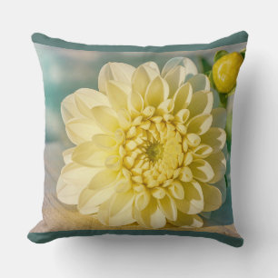 Yellow Dahlia Flower on Dark Teal Background Throw Pillow