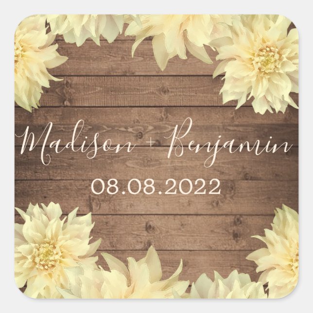 Yellow Dahlia Flower Rustic Wood Wedding Date Square Sticker (Front)