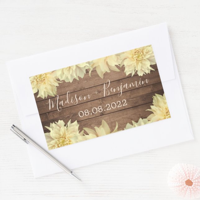 Yellow Dahlia Flower Rustic Wood Wedding Date Sticker (Envelope)