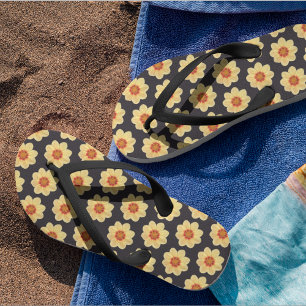 Yellow Dahlia on Black Floral Pattern Flip Flops