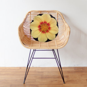 Yellow Dahlia on Black Floral Round Pillow