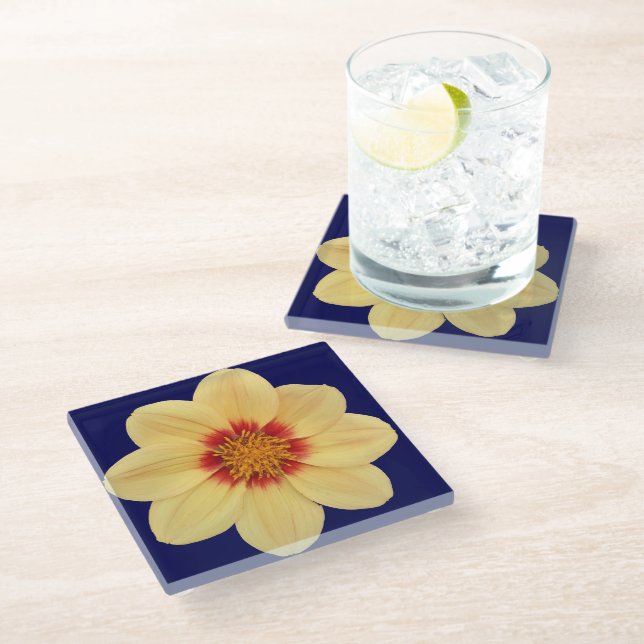 Yellow Dahlia on Blue Floral Glass Coaster (Angled)