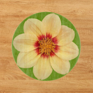 Yellow Dahlia on Green Floral Cutting Board