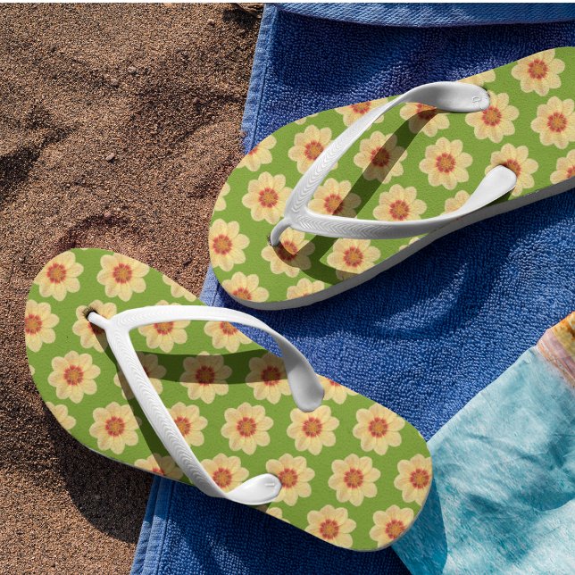 Yellow Dahlia on Green Floral Pattern Flip Flops (In Situ)