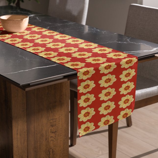 Yellow Dahlia on Orange Floral Pattern Short Table Runner (In Situ)