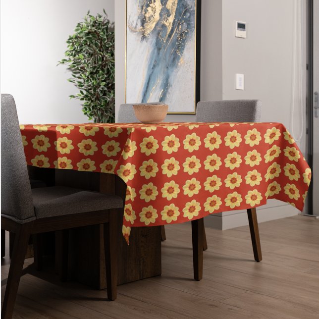 Yellow Dahlia on Orange Floral Pattern Tablecloth (In Situ Table)