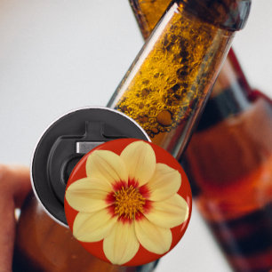 Yellow Dahlia on Red Floral Bottle Opener