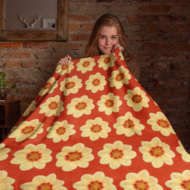 Yellow Dahlia on Red Floral Pattern Fleece Blanket (In Situ Front)