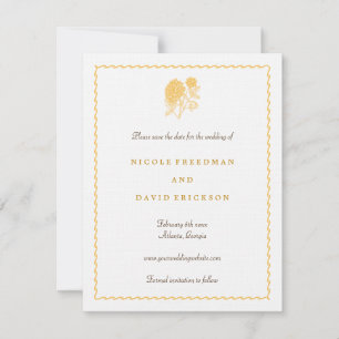 Yellow dahlia save the date wedding announcement