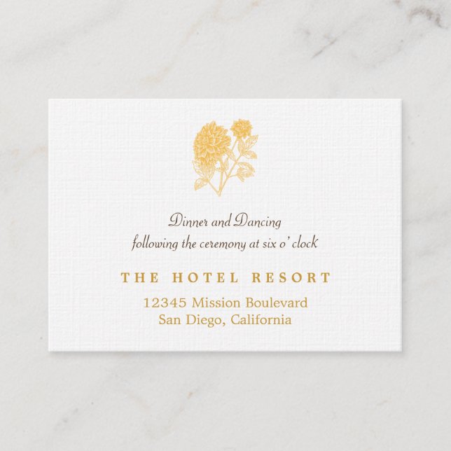 Yellow dahlia simple wedding reception enclosure card (Front)