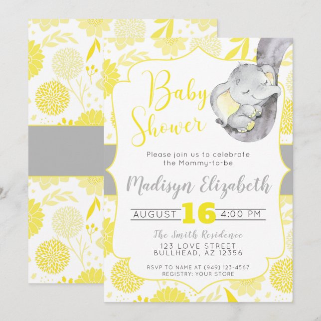 Yellow Dahlias Baby Elephant Boy Baby Shower Invitation (Front/Back)