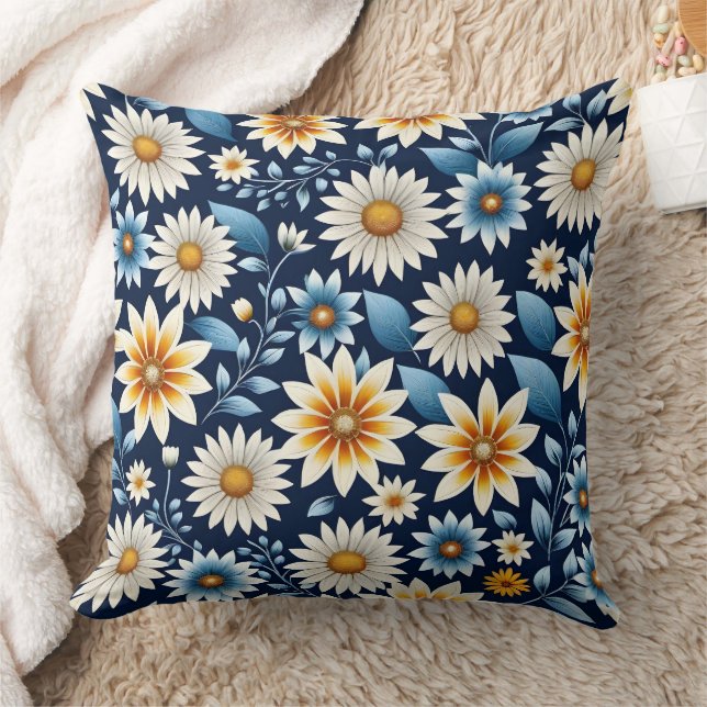 Yellow Daisies and Blue Flower Pattern Throw Pillow (Blanket)