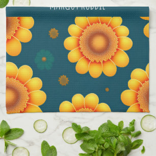 Yellow Daisies Blue Background Botanical Pattern Kitchen Towel