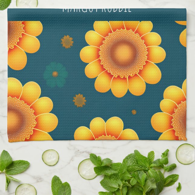 Yellow Daisies Blue Background Botanical Pattern Kitchen Towel (Folded)
