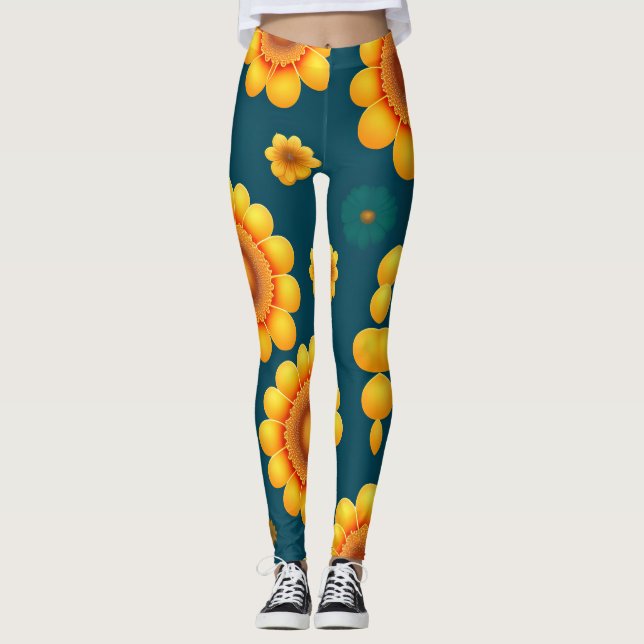 Yellow Daisies Blue Background Botanical Pattern Leggings (Front)