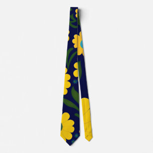 Yellow Daisies Blue Background Floral Pattern Tie
