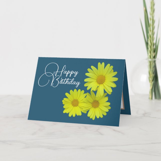 Yellow Daisies Blue Background Happy Birthday Card (Front)