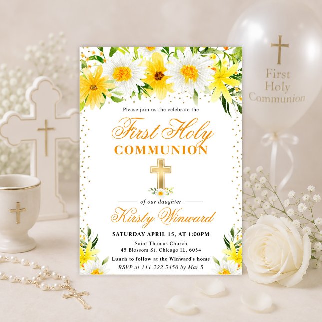 Yellow Daisies Flowers First Holy Communion Invitation (Creator Uploaded)