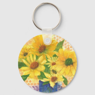 yellow daisies in blue vase keychain
