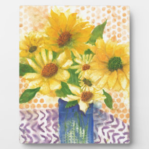 yellow daisies in blue vase plaque