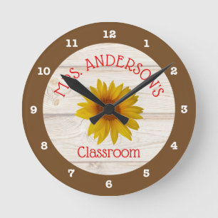 Yellow Daisies on Rustic Shiplap   Classroom Round Clock
