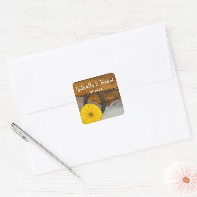 Yellow Daisy and Horseshoe Country Western Wedding Square Sticker (Envelope)
