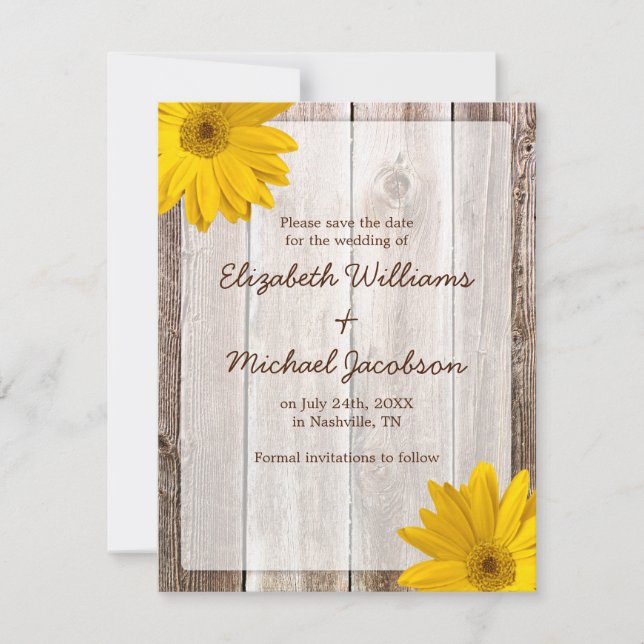 Yellow Daisy Barn Wood Save the Date Announcement (Front)