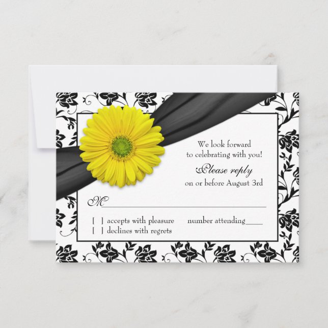 Yellow Daisy Black White Floral Wedding RSVP Card (Front)
