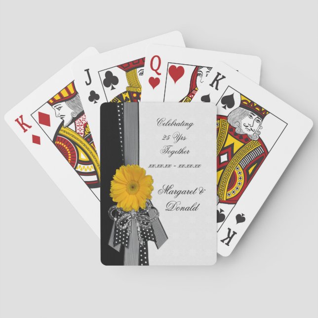 Yellow Daisy Black White Polka Dots Wedding Playing Cards (Back)