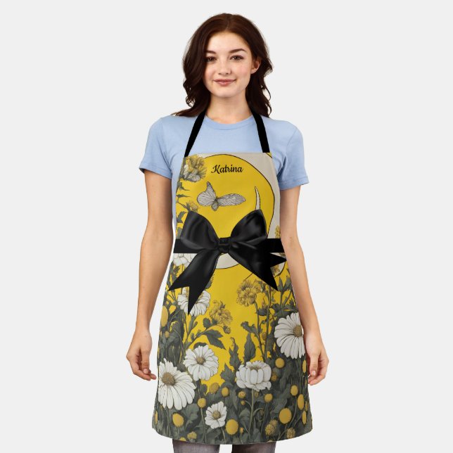Yellow Daisy Butterfly Meadow Black Bow Apron (Worn)
