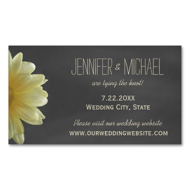 Yellow Daisy Chalkboard Rustic Save The Date Magnetic Business Card (Front)