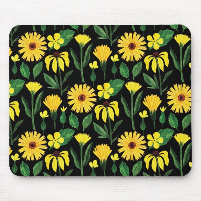 yellow daisy collection on black mouse pad (Front)