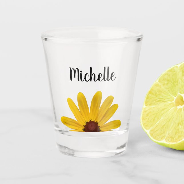 Yellow Daisy Elegant Script Typography Custom Shot Glass (Front)