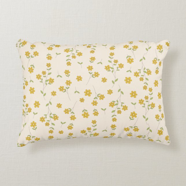 Yellow Daisy Floral Botanical Pattern on Cream Accent Pillow (Front)