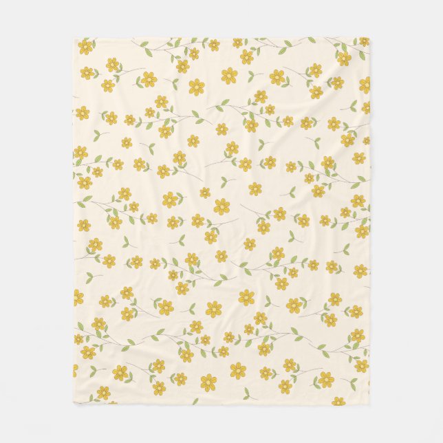 Yellow Daisy Floral Botanical Pattern on Cream Fleece Blanket (Front)