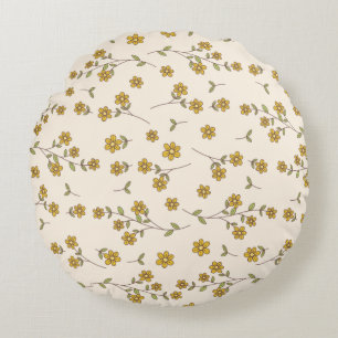 Yellow Daisy Floral Botanical Pattern on Cream Round Pillow