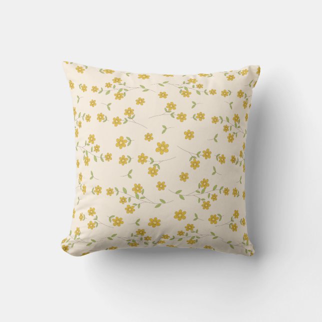 Yellow Daisy Floral Botanical Pattern on Cream Throw Pillow (Front)