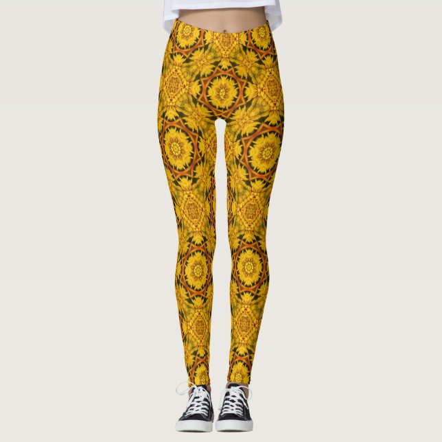 Yellow Daisy Flower Abstract Pattern Leggings (Front)